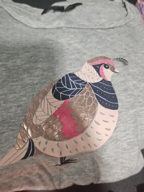 Banana Republic Gray Tee with Navy, Pink & Gold Bird Graphic